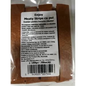 Recompensa pentru caini Enjoy Meaty Strips cu pui 20 buc sunt gustari delicioase imbogatite cu vitamine. Acest tip de recompense sunt potrivite pentru caini mai mari de 3 luni ideale pentru educarea acestora sau pentru a le rasplati afectiunea.